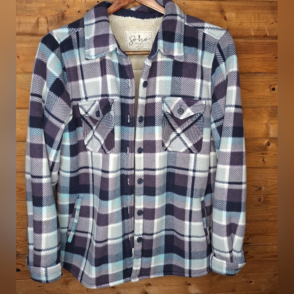 ❤️Soho Plaid Button-Up Jacket With 4 Pockets Front Sherpa-Lined very soft Size L